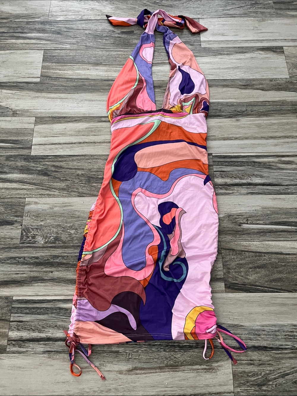 Backless Halter Dress in Pink & Purple Swirl w/ Side Sinches to adjust length
